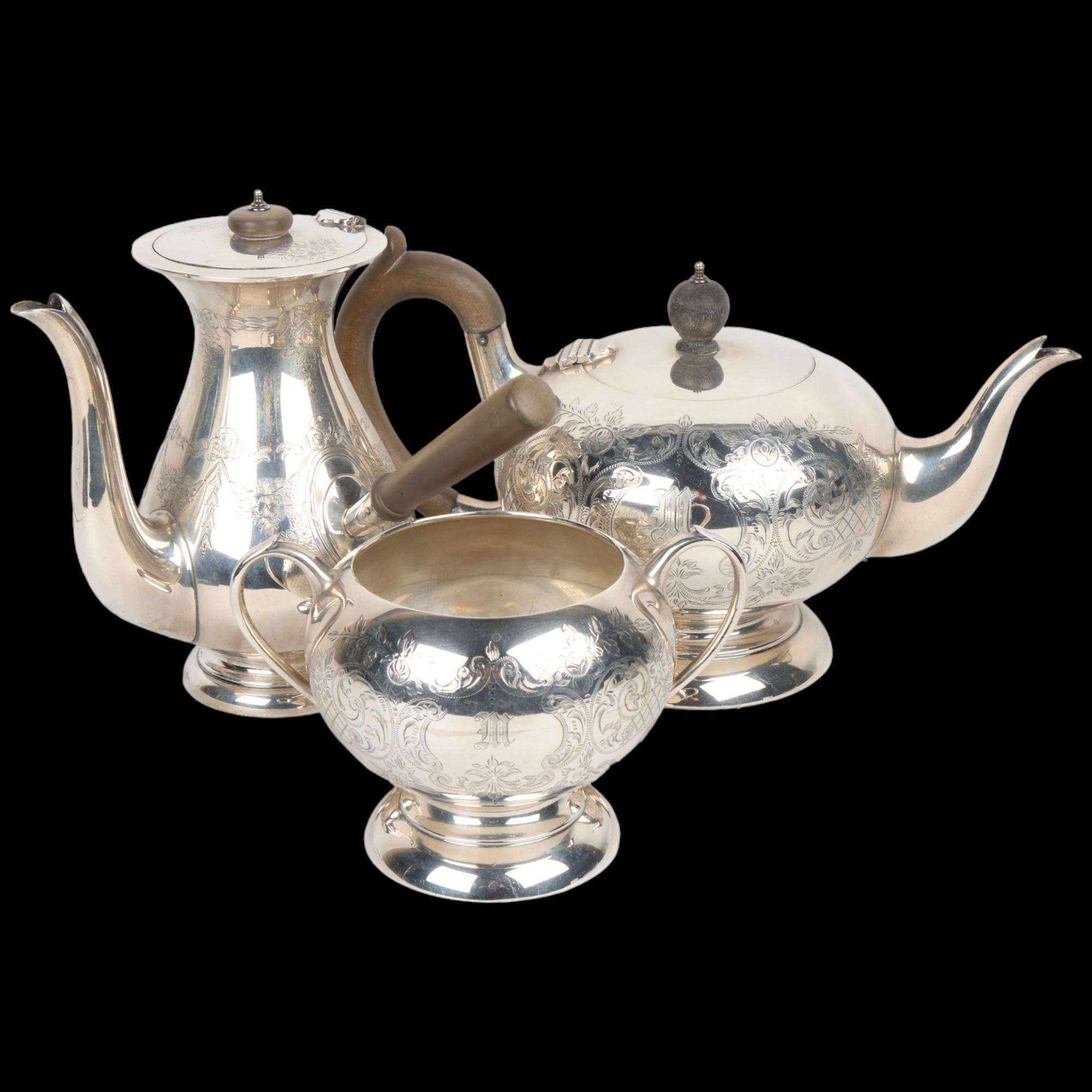 A George V silver 3-piece tea and coffee set, Jones & Crompton, Birmingham 1916, comprising