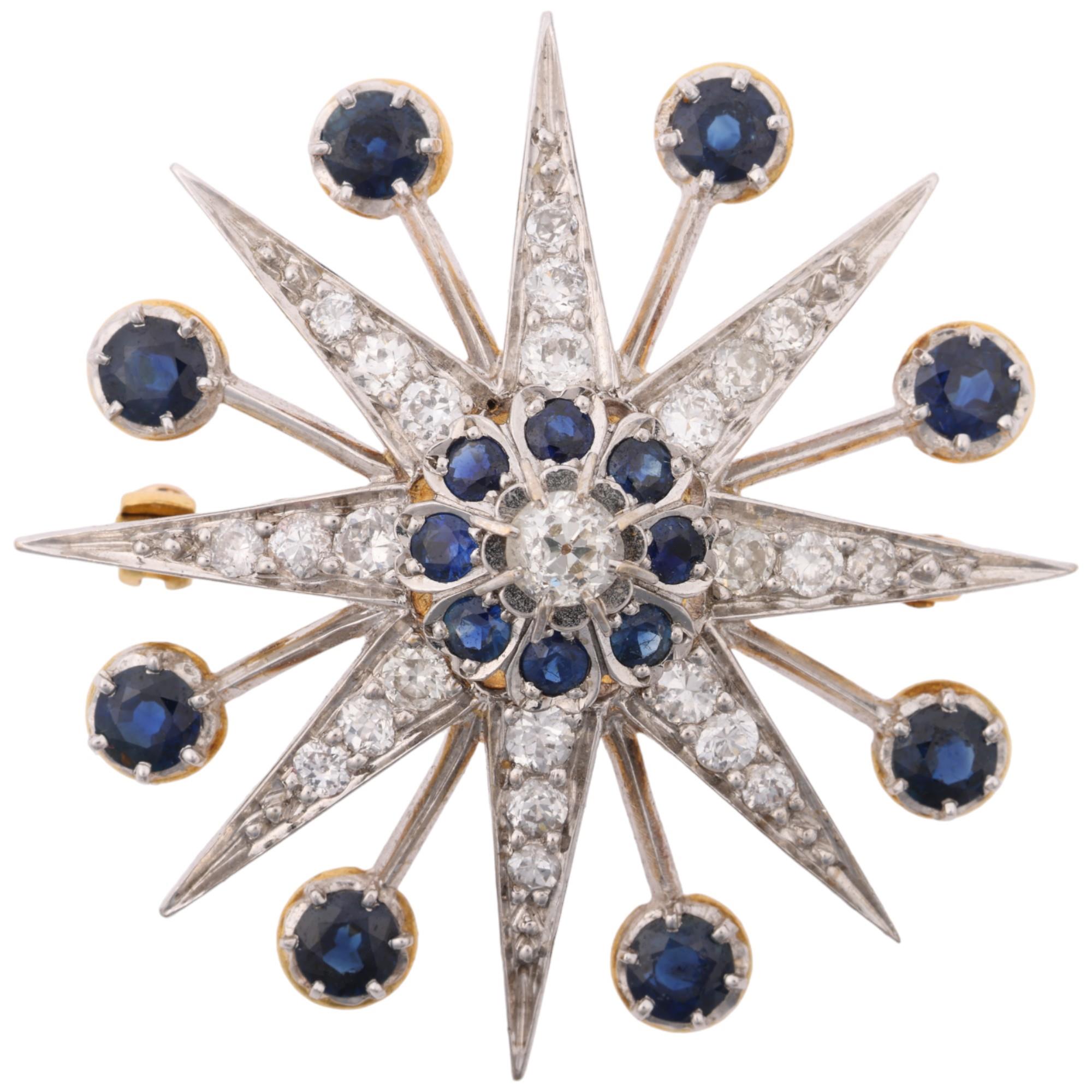 A large modern sapphire and diamond 8-ray starburst brooch, in the Victorian style, set with round-