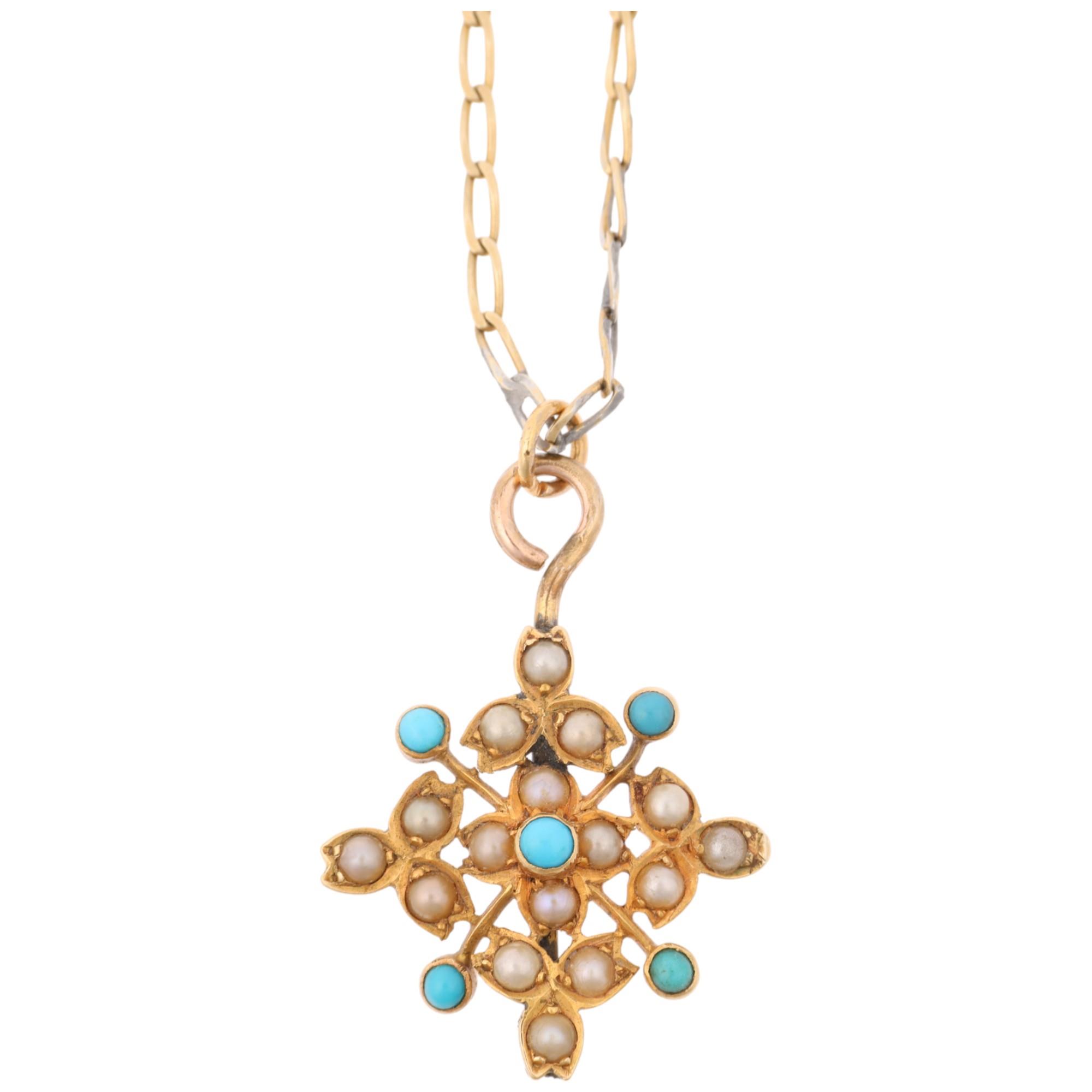 A Victorian 18ct gold turquoise and pearl floral openwork pendant necklace, on 9ct long curb link