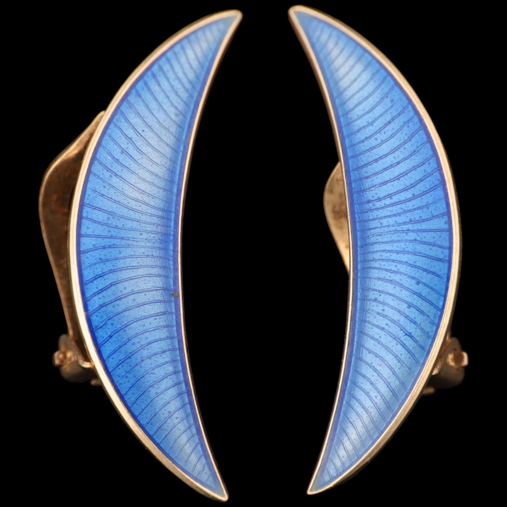 VOLMER BAHNER - a pair of Danish modernist sterling silver and blue enamel crescent moon clip-on