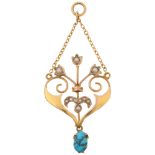 An Edwardian Art Nouveau 9ct gold turquoise matrix and split pearl floral openwork lavaliere