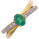 An 18ct gold emerald and diamond crossover ring, maker M&M, Birmingham 2007, set with oval mixed-cut