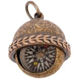 An Antique miniature gimballed compass fob, allover foliate engraved decoration, apparently