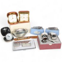 Ronson table lighter, cigarette case, christening set, travel clocks, etc