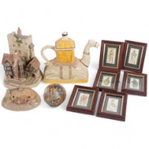 Tony Wood camel teapot, 6 framed Player's Dickens Series cigarette cards, etc