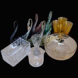 Glass swan ornaments (some damage), Art Deco engraved tumblers, some chips, tea caddy mixing bowl,