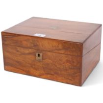 A 19th century walnut travelling writing box with fitted interior, 30cm x 15cm x 23cm