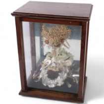 A glazed and mirrored Vintage oak display case, containing wedding memorabilia, H38cm