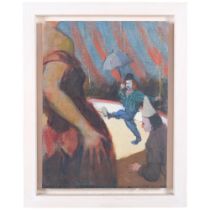 E Rolfe, oil on board, circus scene, framed, 49.5cm x 39.5cm overall