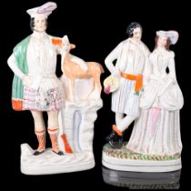 A group of 2 Staffordshire flatbacks, to include a courting couple, and a Highland hunter with deer,