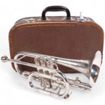 A Besson silver plated cornet, serial no. 462945, in associated hardshell casing with additional