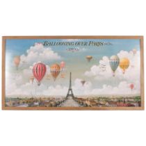 "Ballooning over Paris 1890", landscape print depicting Victorian hot air balloons towards the Eifel