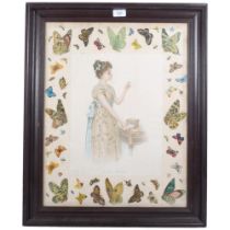 An Antique coloured print, "Loves secret", surrounded by butterfly scrapbook scraps, 66cm x 54cm,