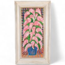 Royston Du Maurier Lebek, oil on board, "Mum's pink lilac tree", in painted wooden frame with