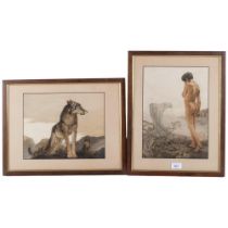 A pair of Antique framed prints - illustrations from the Jungle Book, "Mowgli leaving the jungle"