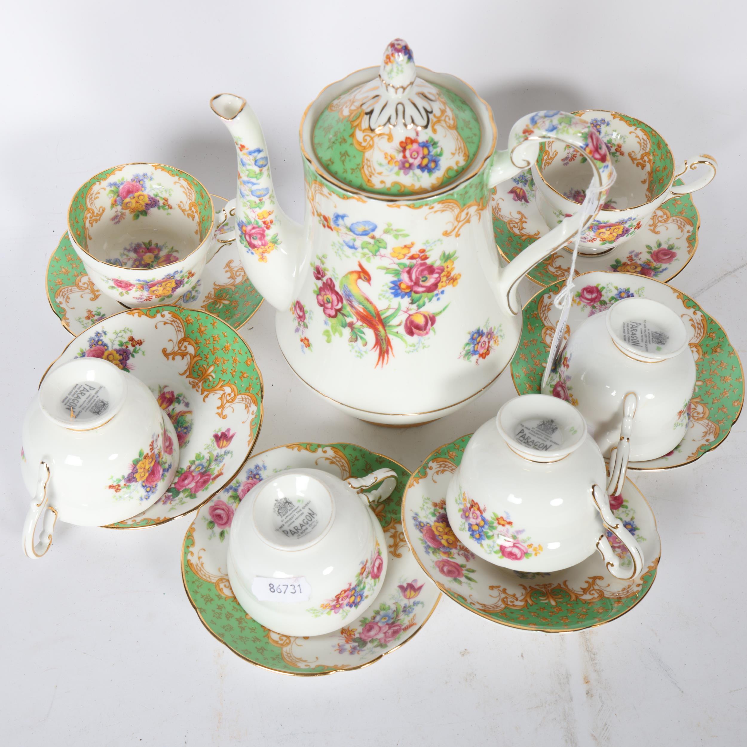 Paragon Rockingham pattern coffee cups and saucers, and matching coffee pot, with floral and bird - Image 2 of 2