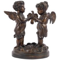 A patinated spelter group of 2 cherubs, on stand, H31cm