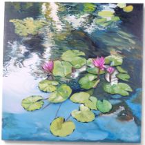 Clive Fredriksson, oil on canvas, study of a lake with lily pads, unframed, unsigned, 75cm x 75cm