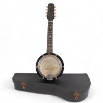 A Vintage English-made 8-string banjo, with associated hardshell case, unmarked