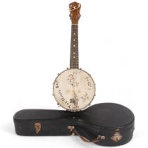 A Vintage 4-string banjo, skin narrated "The Naughty Boys", with pictures depicting various