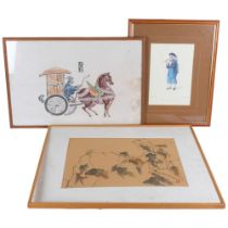 3 Oriental pictures, study of foliage, portrait print of a China man, and coloured print of a winged