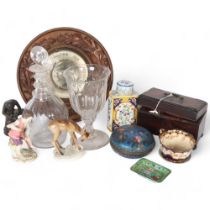 Cut-glass decanter and stopper, glass, carved wood framed barometer, German porcelain figure and