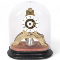 A 19th century French miniature brass skeleton alarm clock, with silk suspension, white enamel dial,