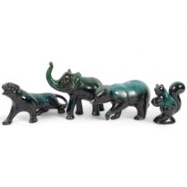 A group of 4 Blue Mountain pottery animals, including an elephant, H20cm, a squirrel, bear, and a