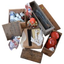 3 Japanese figures and another, box containing lacquer bowls, metal stencils, ceramic Sake