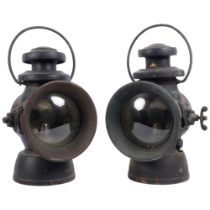 A pair of Victorian single lens railway lanterns, height not including handle 30cm