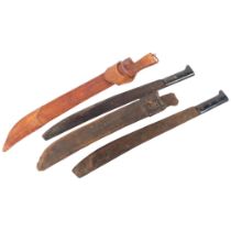 2 South American machetes with leather scabbards, 1 scabbard impressed Cuba, longest including