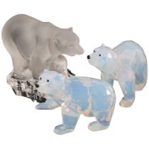 2 Swarovski Crystal glass polar bears, and a Nachtmann crystal glass polar bear and cub on a