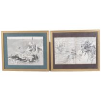 A pair of Chinese woodblock prints, 1 depicting a battle scene, 17cm x 18cm, framed