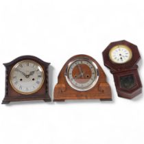 A group of 3 x 1930s style wooden mantel and wall-hanging clocks, largest height 24cm (3)