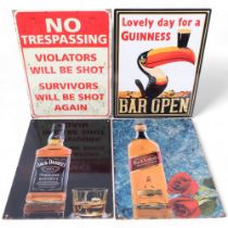 4 reproduction signs, including No Trespassing, and 3 Alcohol advertising signs, H40cm