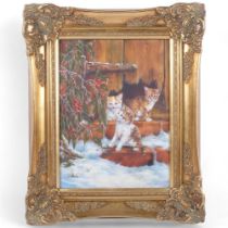 Lesley Hermett, oil on canvas, 3 kittens, doorstop winter scene, snow-covered floor, in ornate