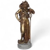 A patinated spelter figure of "Minerva" with serpent staff and rope and anchor at her foot, base