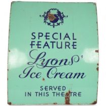 A green and blue enamel advertising sign, Special Feature "Lyons Ice Cream" Is Served Here, 64cm x