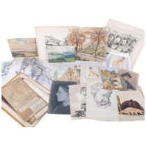 A portfolio of works by Harry Thomas, early 20th century, including watercolours and pencil drawings