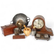 A Napoleon hat oak-cased mantel clock, a tea caddy, spirit flask, etc