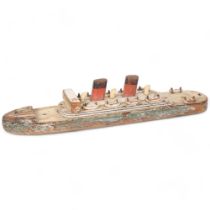 A Vintage painted pine pull-along wooden boat with 2 chimney stacks, L45.5cm