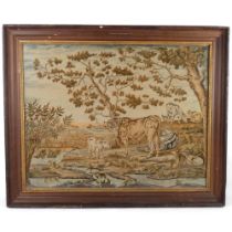 An Antique French handmade tapestry, landscape scene, cows grazing in a field, church buildings in