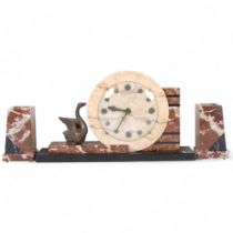 Continental Art Deco coloured marble clock garniture, with spelter swan figure, clock height 24cm