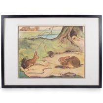 Eileen A Sopeu(?), nursery print depicting rabbits, hedgehog, snake and frogs near a farm, framed,