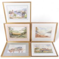 A group of 5 framed watercolours, all signed by M. Reeves, including various landscape and still
