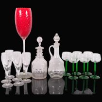 Antique glass decanter, with later stopper, H28cm, a tall red glass goblet, and other drinking