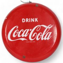 A red and white enamel circular advertising sign, "Drink Coca-Cola", diameter 40cm