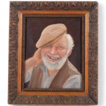 Oil on panel, bearded man wearing a cap, in ornate carved frame, initialled DP, 34cm x 29cm