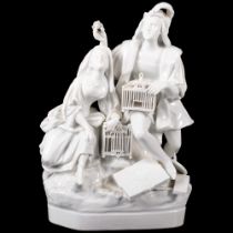 A Continental porcelain group, male and female artisan figures, seated on rock with bird cages on