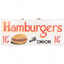 A Vintage perspex advertising sign "Hamburgers with onion 1 and 6", with light fitting which is A/F,
